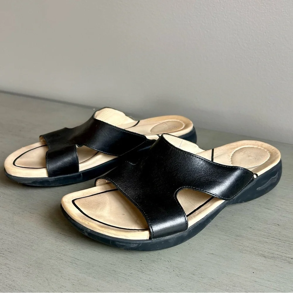 Dankso Women Leather Sandals Slide EU 38 US 7.5/8 Black Slip On Open Toe Strappy